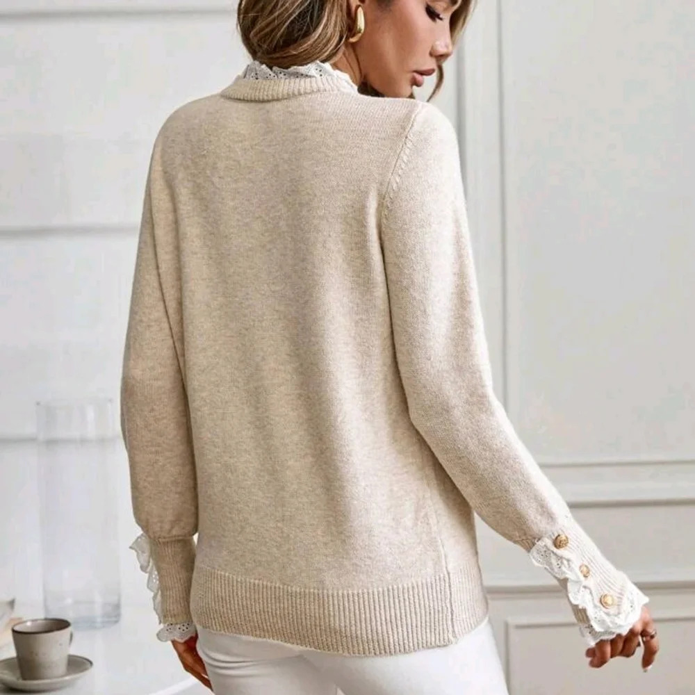 Women's Apricot Floral Trim Crew Neck Long Sleeve Knitted Sweater - Picture 3 of 6